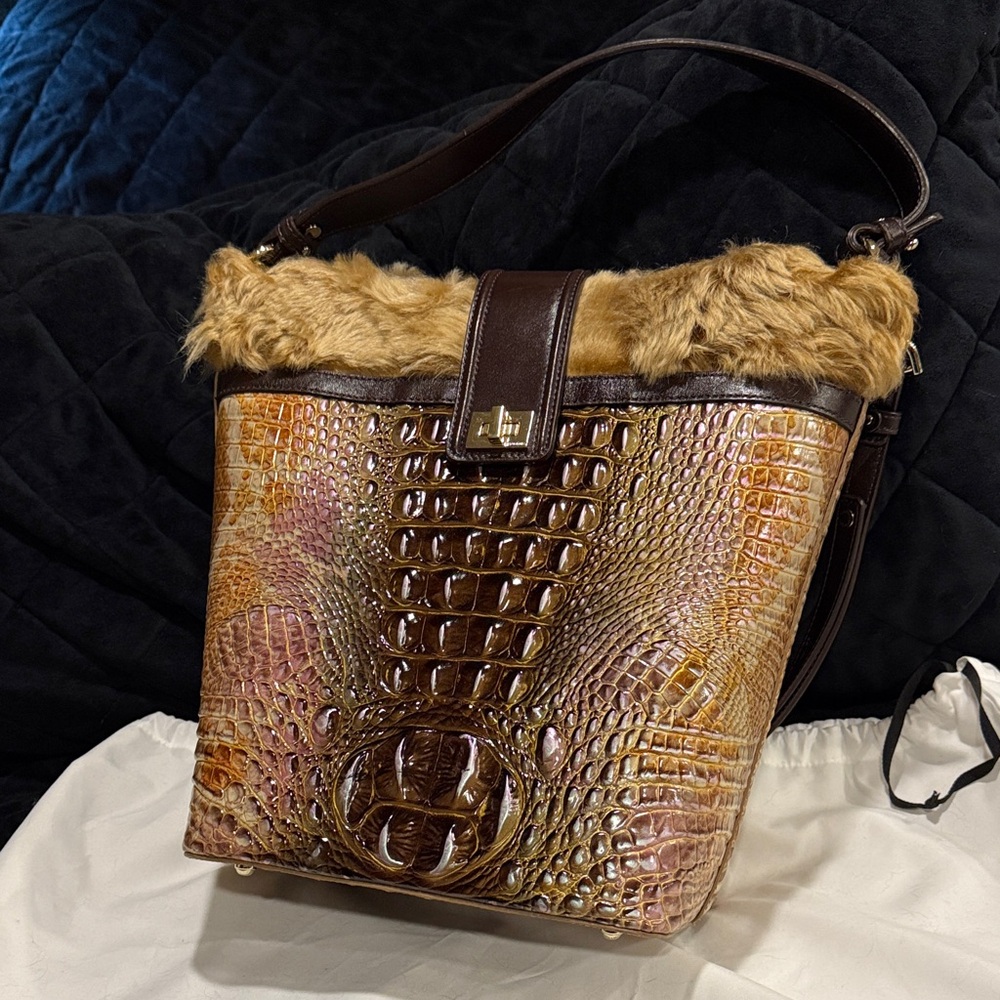 Brahmin Shira Bucket Elegant Crocodile-Embossed Shoulder Bag with Fur Trim